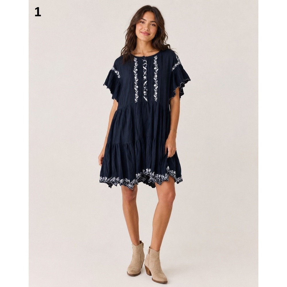 Free People Santiago Babydoll Mini Dress Women XS Black White Embroidered Cotton